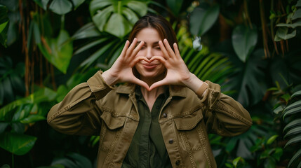 Love and Nature: Person Forms Heart Shape with Hands Against Lush Foliage