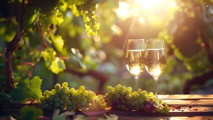 grape fruit, garden, two glasses of wine, spring background with grape tree garden and sunlight, two white wine glasses with grape fruit on wooden table
