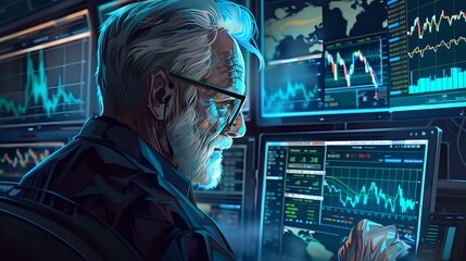 Digital Illustration: Elderly Man Engrossed in Market Analysis