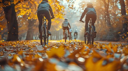 Autumn Ride: Cyclists Embrace Health and Harmony in Nature. Concept Cycling, Health and Wellness, Nature, Autumn, Outdoor Exercise - obrazy, fototapety, plakaty