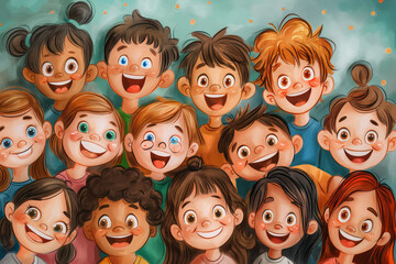 Group of Happy Smiling Kids Together Colored Illustration