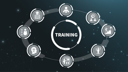 Banner Training concept. set of training icons, presentation, seminar, video conference