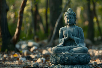 A tranquil buddha statue sits in the middle of a peaceful forest, exuding a sense of serenity and calm.