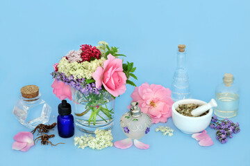 Homeopathic flowers and herbs used in natural herbal medicine. Preparation of medicinal sedative flora food ingredients on blue. - 789620172
