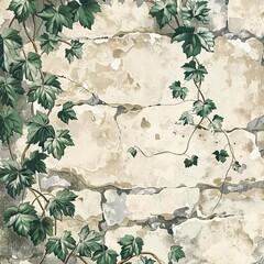 Vintage wallpaper design with delicate ivy vines crawling up an old stone wall