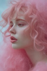 Fototapeta premium Young woman with soft pink hair and a whimsical, dreamy look, wrapped in a delicate cloud of pink fluff.