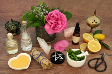 Love potion preparation for magic spell with ingredients of rose flower, thyme, mint, lemon fruit and honey. Occult divination esoteric concept for Valentines Day. - 789620397