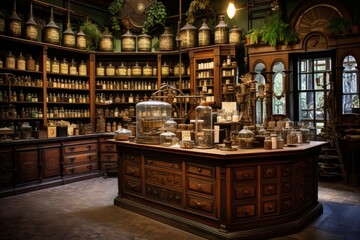 A Detailed Representation of an Old-World Apothecary Shop, Complete with Antique Medicine Bottles, Wooden Counters, and a Vintage Cash Register - obrazy, fototapety, plakaty