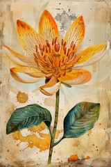 A vintage-inspired floral illustration showcases vibrant red and purple flowers with delicate gold accents. The watercolor technique and textured background create a sense of elegance beauty