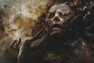 Surreal abstract portrait of a person with smoke and liquid effects representing avitaminosis