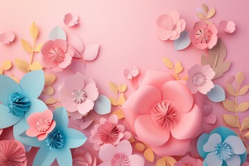 Beautiful paper craft art of blue and pink flowers, meticulously cut and arranged to create a three-dimensional botanical display on a pink background..