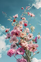A creative image capturing a vibrant burst of pink flowers and floating petals set against a clear blue sky with soft clouds, symbolizing spring and renewal..