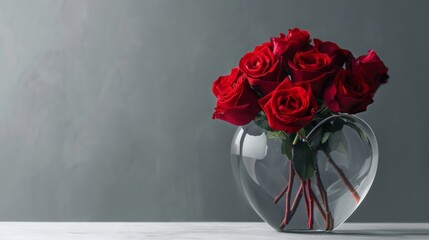 Red roses in a heart shaped vase, plain gray background    - obrazy, fototapety, plakaty