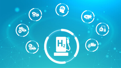 Hydrogen economy vector illustration. Concept with connected icons related to hydrogen use as fuel, in industrial processes, hydrogen storage and transport