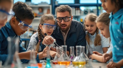 A fun event is taking place in a lab where a group of children are conducting a science experiment, using tableware, drinkware, bottles, and sharing non-alcoholic beverages. AIG41 - obrazy, fototapety, plakaty