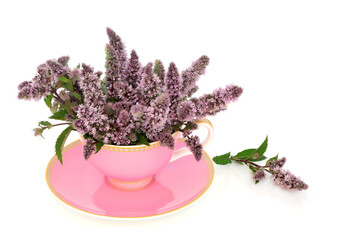 Peppermint flower leaf tea in pink teacup on white background with copy space. Relieves anxiety and...