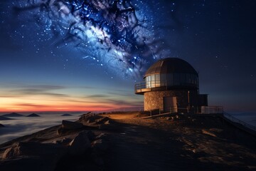 A Majestic Mountain Observatory Under the Starry Night Sky, Illuminated by the Soft Glow of the Milky Way