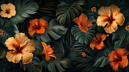 Vintage wallpaper design with exotic hibiscus flowers and broad tropical leaves