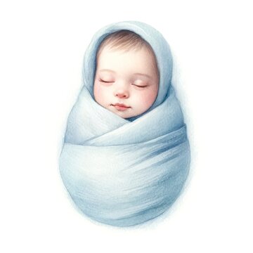 Newborn baby wrapped in blue swaddle. Watercolor illustration isolated on white background. Newborn and maternity concept design for cards and invitations