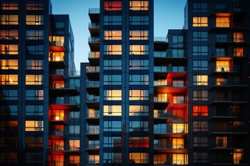 Fototapeta na wymiar Layered Residential Towers at Dusk, Illuminated Windows Reflecting the Sunset, Creating a Beautiful Urban Landscape
