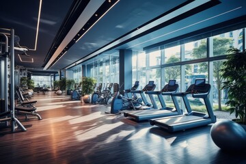 Modern Public Gym or Fitness Center with High-Tech Equipment, Spacious Workout Area, and Comfortable Lounge Space for Relaxation - obrazy, fototapety, plakaty