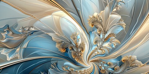 Elegant abstract fractal art featuring intricate golden swirls against a soothing blue backdrop..