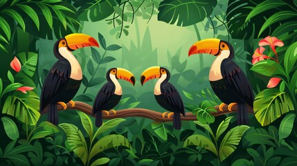 Fototapeta premium Vintage wallpaper design with toucans in a vibrant tropical jungle scene