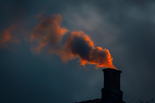 : Smoke curling from a distant chimney