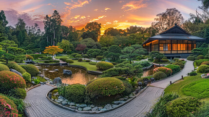 Japanese garden at sunset with traditional house and pond