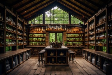 A quaint, small-scale distillery nestled in the countryside, showcasing an array of handcrafted spirits in rustic wooden shelves