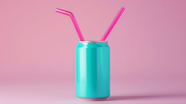Staged photography of turquoise can with two straws. The straws are pink and magenta.