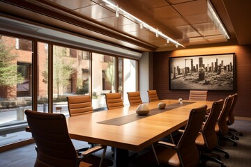 Fototapeta na wymiar A Warmly Lit Terracotta Meeting Room with a Long Wooden Table, Comfortable Chairs, and Modern Artwork on the Walls