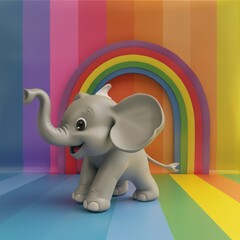 elephant cartoon character on a rainbow background.