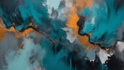 Moody abstract painted background in dusky teal, pewter, and dark amber. - obrazy, fototapety, plakaty