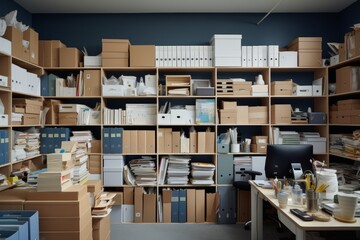 A Periwinkle Office Storage Room Overflowing with Stacks of Files, Boxes of Stationery, and Shelves Laden with Books - obrazy, fototapety, plakaty