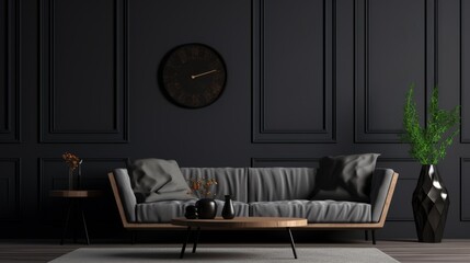Elegant Dark Interior, A sophisticated close-up of a lounge with sleek black and gray furniture, under a black painted wall with decorative wood, rendered in stunning high-resolution