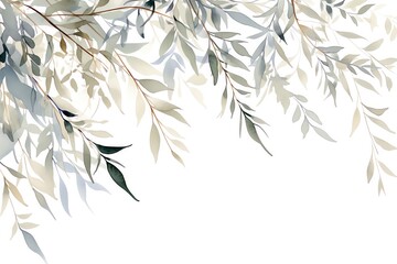 Obraz premium A minimalist sketch of willow branches swaying in a gentle breeze, flowing lines and soft greens, vivid watercolor, white background, 100% isolate
