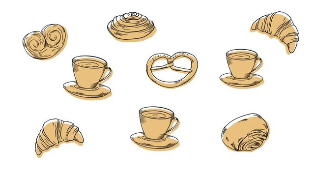 Bakery handpainted illustrations set animation banner black and white beige coffee, buns, beans cake, donut, maffin, cookie, cappuccino, latte