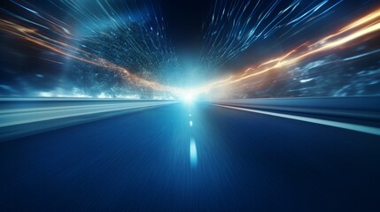 Fototapeta na wymiar High-definition close-up of car headlights speeding over a tech-enhanced road, their light mingling with digital code to showcase rapid acceleration