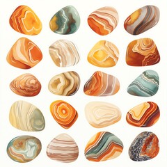 A playful depiction of a collection of Tumbled Agates, each with distinct bands and colors, a spectrum of earth tones, white background, vivid watercolor, 100 isolate