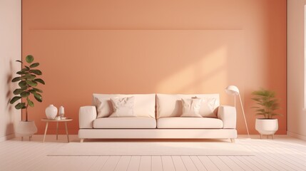 2024 Trendy Minimal Interior, A warm peach fuzz-colored lounge with a crisp white sofa and beige accents, styled minimally for a luxurious feel, showcased in realistic