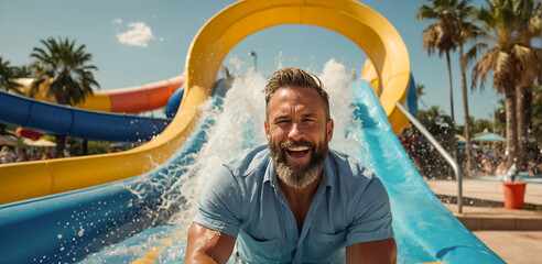 Portrait of a man in a water park in summer leisure