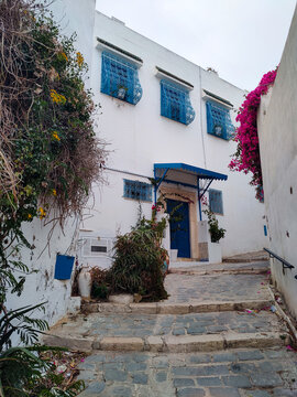 Sidi Bou Said, a famous village with traditional white and blue Tunisian architecture and wrought iron window. Tunisia.