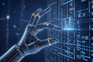 Ideal for tech future, AI, digital age articles. Robot hand holding glowing sphere of digital data, symbolizing digital future advanced technology