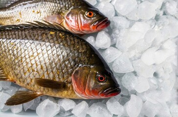 Two crucian carp snappers displayed on ice at the market, showcasing their freshness and quality. These fish are perfect for your next seafood meal, 