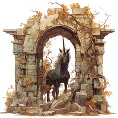 A rustic illustration of a dark unicorn standing amidst ancient ruins, vines creeping up old stones, creating a scene of forgotten majesty, earthy browns and shadowy grays, white background, vivid wat