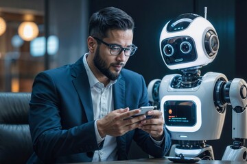 A focused businessman sitting at a modern desk, deeply engrossed in work on his smartphone. A high-tech humanoid robot stands nearby, poised to assist in the futuristic office setting.