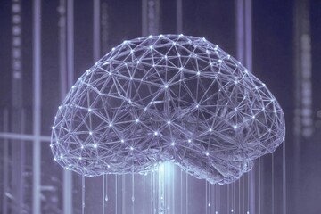 Abstract glowing polygonal brain network on dark blue background with digital technology concept