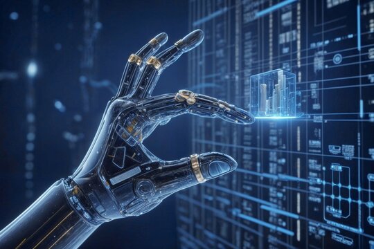 Ideal for tech future, AI, digital age articles. Robot hand holding glowing sphere of digital data, symbolizing digital future advanced technology