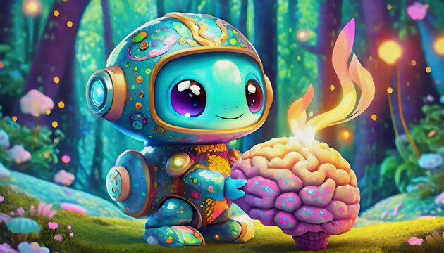 oil painting style CARTOON CHARACTER CUTE BABY robot hold a human brain with flames